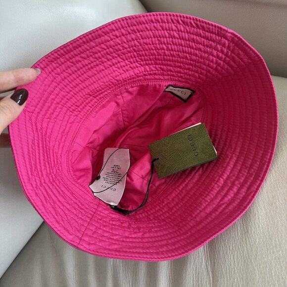 NWT GUCCI NYLON BUCKET PINK HAT GG logo Gold Size L - Picture 3 of 6